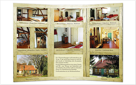 <span style="font-weight: bold">Ferienwohnungen Kossätenhaus Wuthenow</span><br />Flyer DIN A6 lang Wickelfalz – Innenseite<br />Entwurf: Tomas Kerwitz, Fotos: Tomas Kerwitz und privat