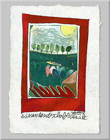 <span style="font-weight: bold">Wiesenlandschaft</span><br />Johanna Kerwitz, ca. 11 x 15 cm, handgeschöpftes Papier, Seide, Mischtechnik