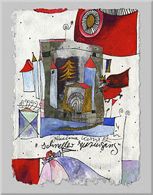 <span style="font-weight: bold">Schneller Spaziergang</span><br />Johanna Kerwitz, ca. 11 x 15 cm, handgeschöpftes Papier, Seide, Mischtechnik